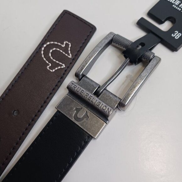 True Religion Men's Black Leather Belt Size 38 - Picture 6 of 9